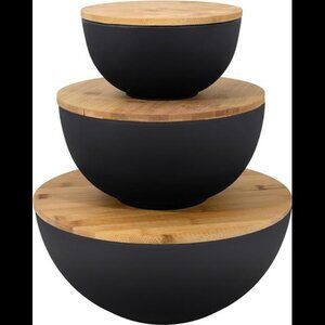 Large Black Salad Bowls with Bamboo Lids - Set of 3 Melamine Mixing Bowls